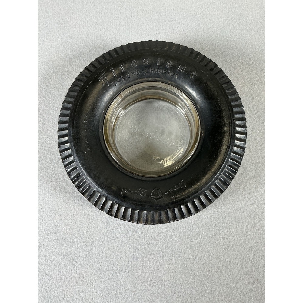 Firestone Deluxe Champion Tire Ashtray Black Glass Center Vintage Used